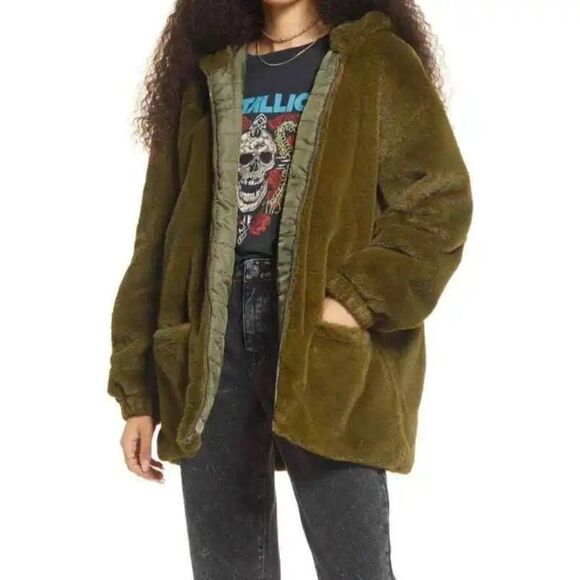 BP Dark Green Plush Oversized Cozy Zip-Up Hooded Jacket NWT Size X-Small-Med - Picture 1 of 13